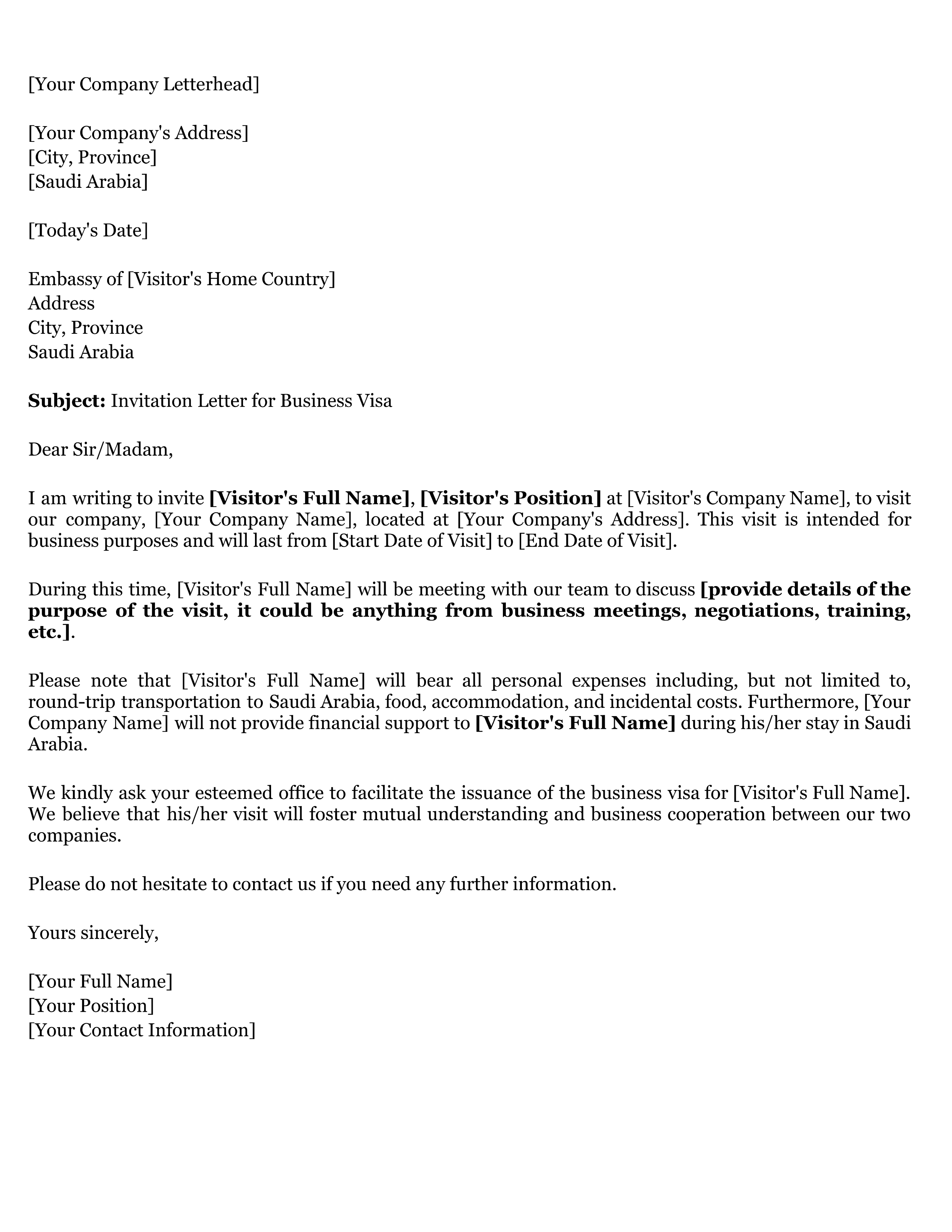 Saudi Arabia Invitation Letter for Business Visa