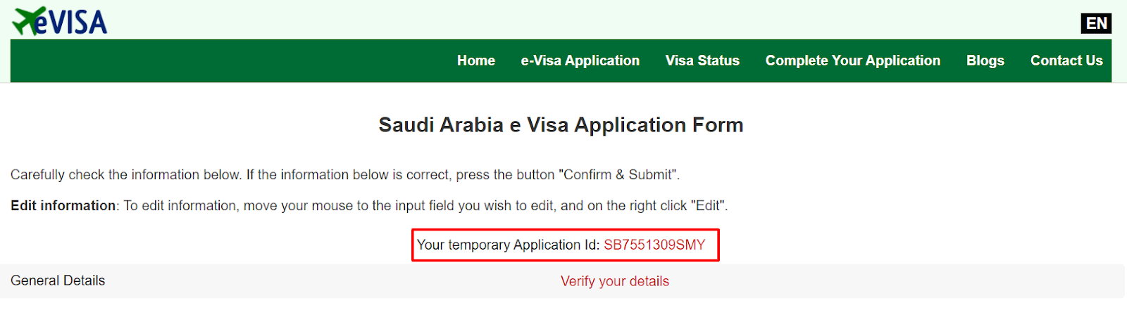 Visa Application Number