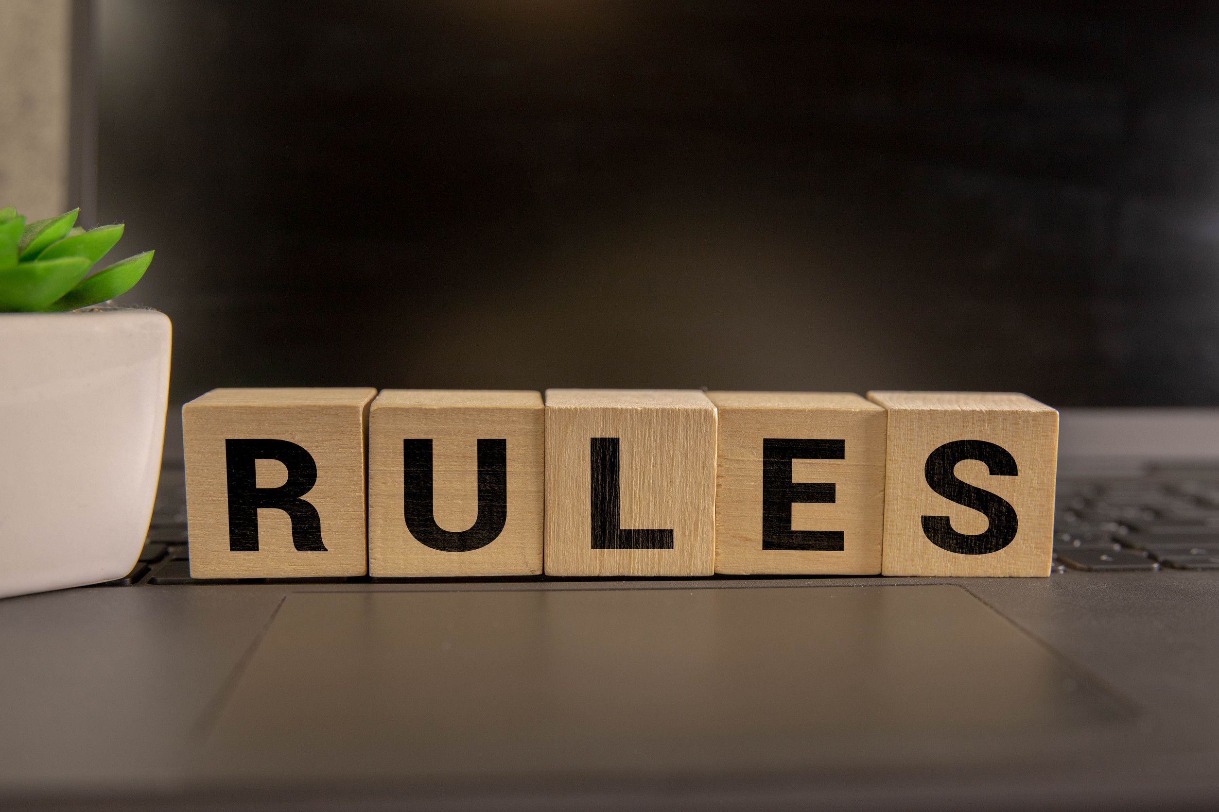 Wooden blocks spelling RULES on desk